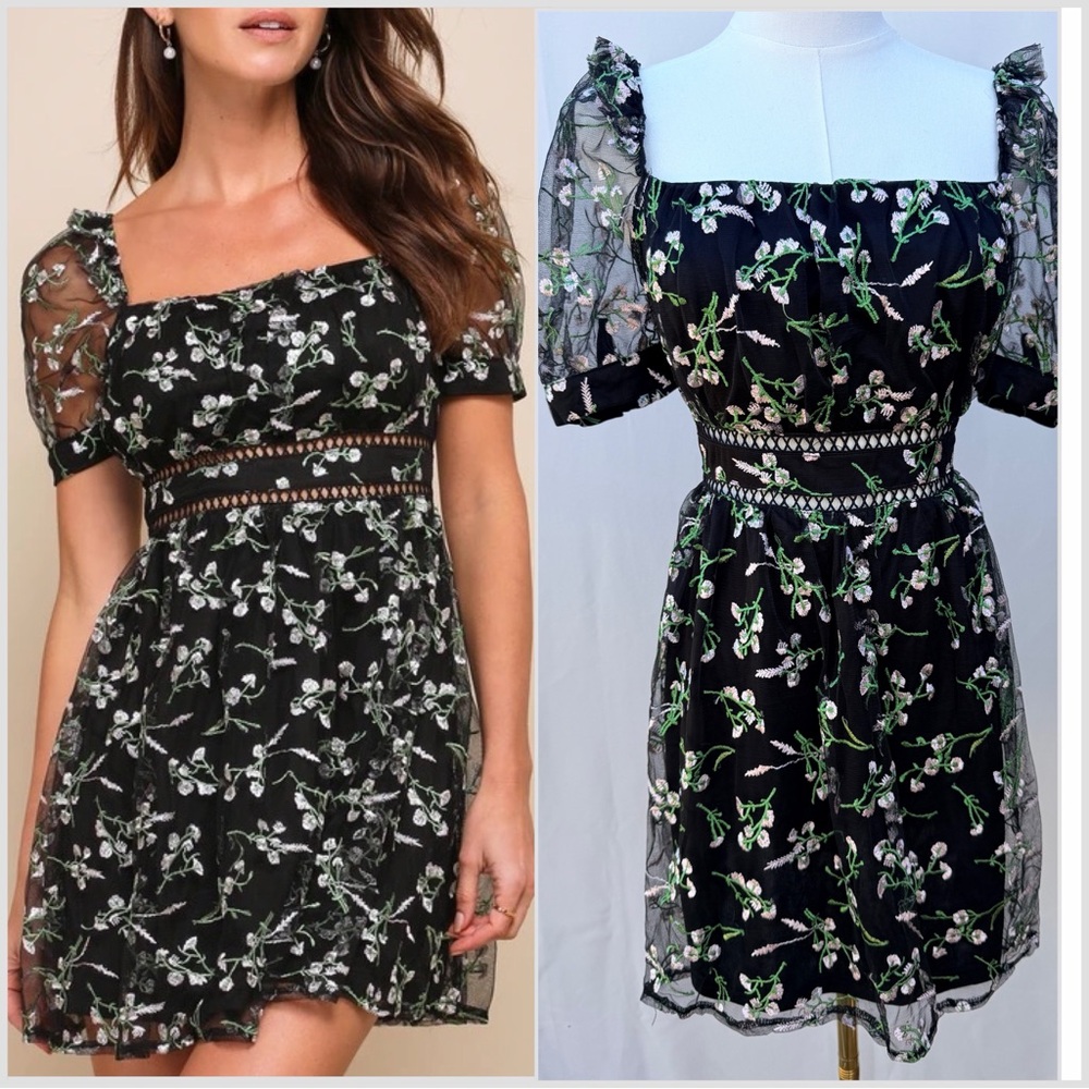 Lulu's Radiant‎ Love Black Embroidered Skater Dress Size Large
